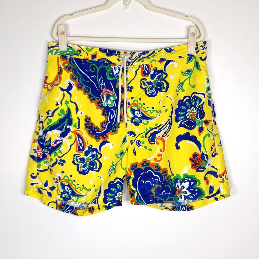 Polo‎ Ralph Lauren Swim Trunks Floral Yellow Mesh Lined XL Swimsuit Dopamine VTG